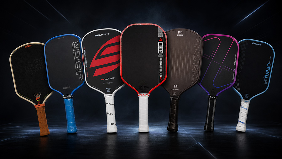 A collection of the top-rated pickleball paddles for 2026 lined up side-by-side