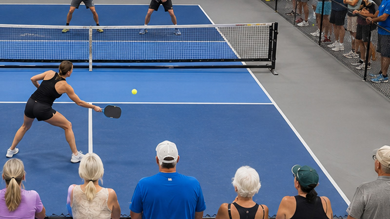 Indoor pickleball tournament in the Twin Cities, Minnesota, with players competing on a blue court and spectators standing around the court